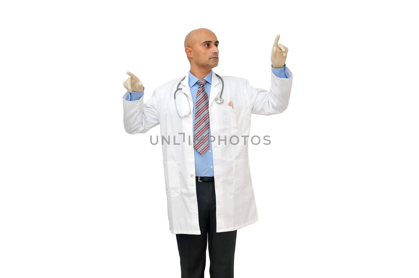 Doctor pointing isolated in white