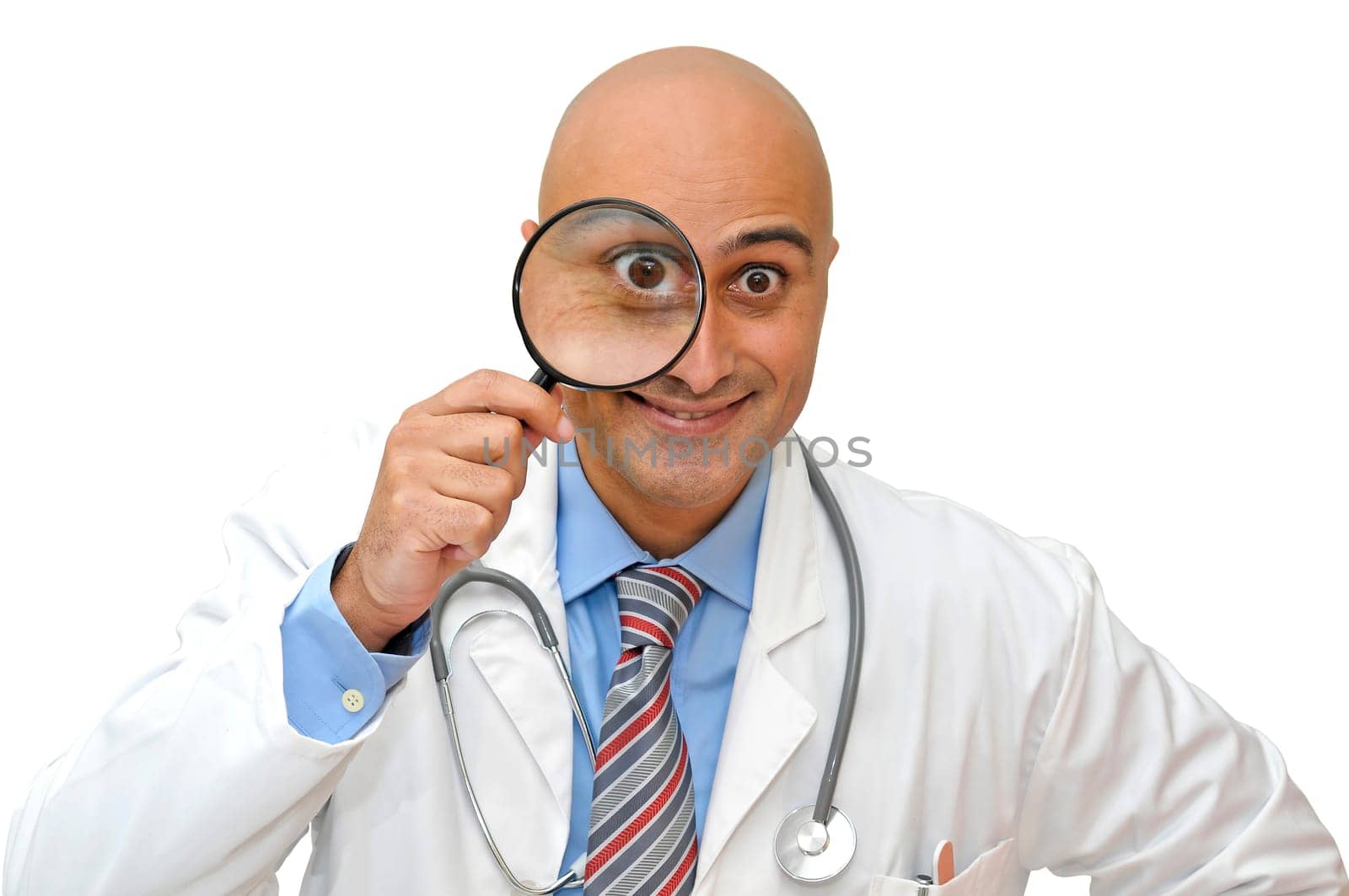 Doctor with magnifier lens isolated in white