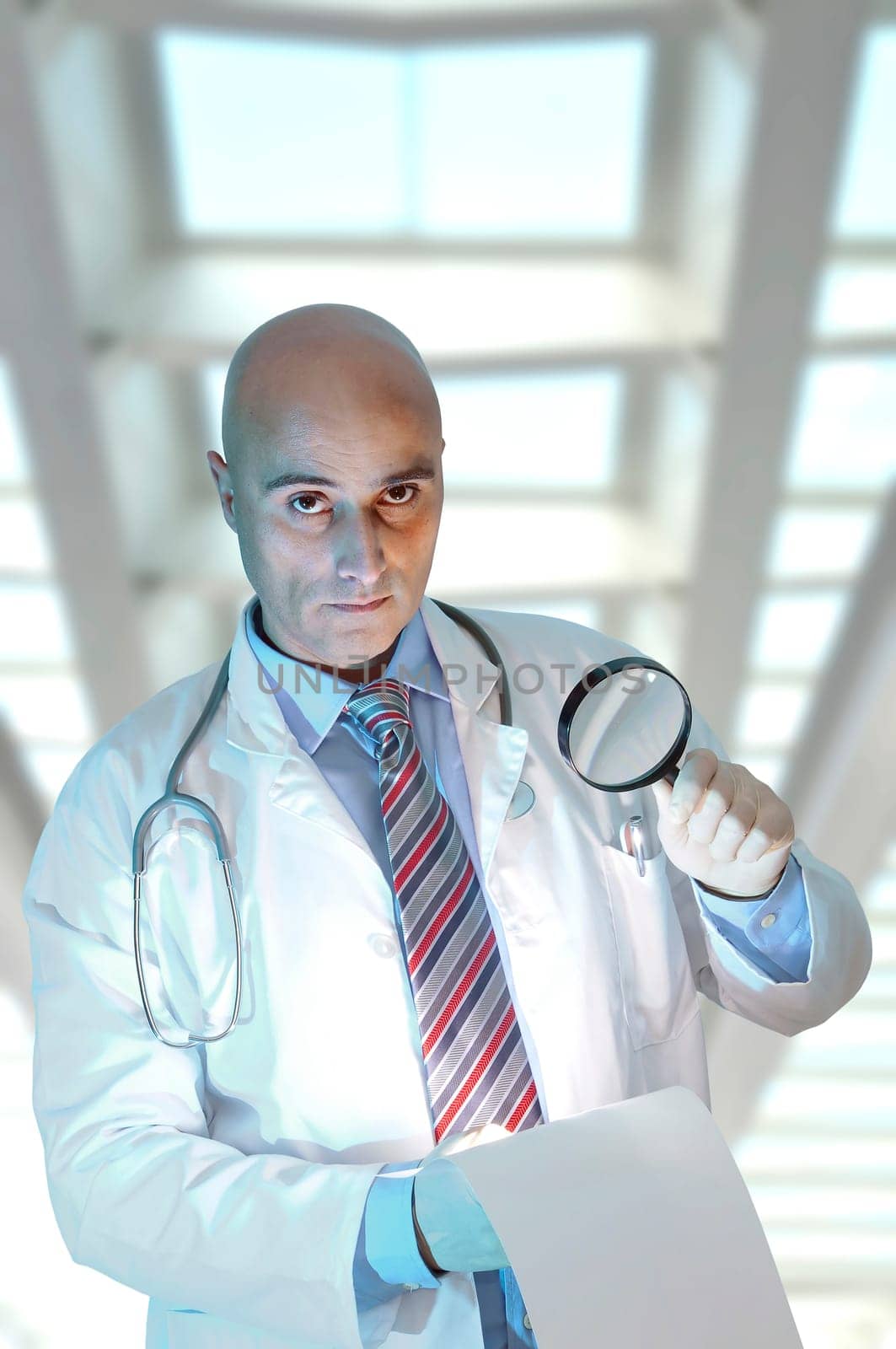 Investigator with magnifierl in his lab