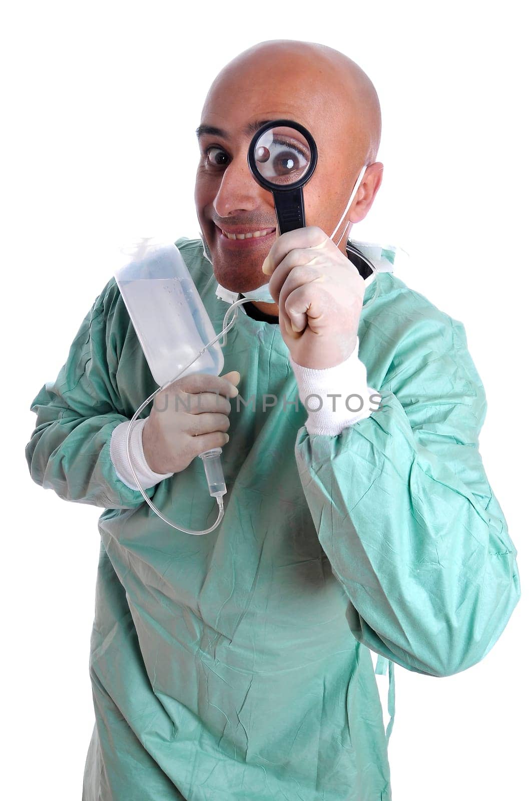 Doctor in uniform with serum and magnifier