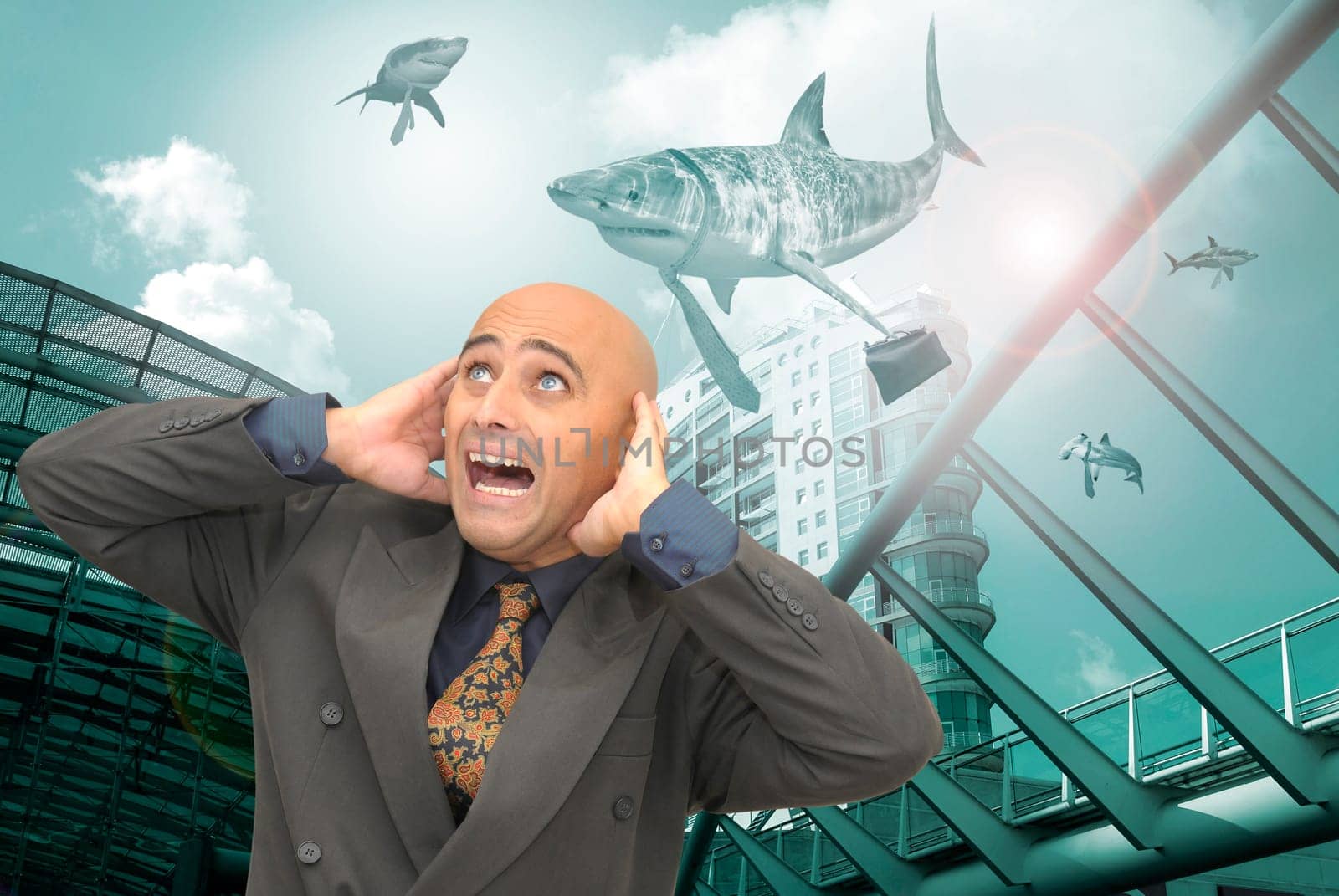 Businessman sreaming with business sharks all around