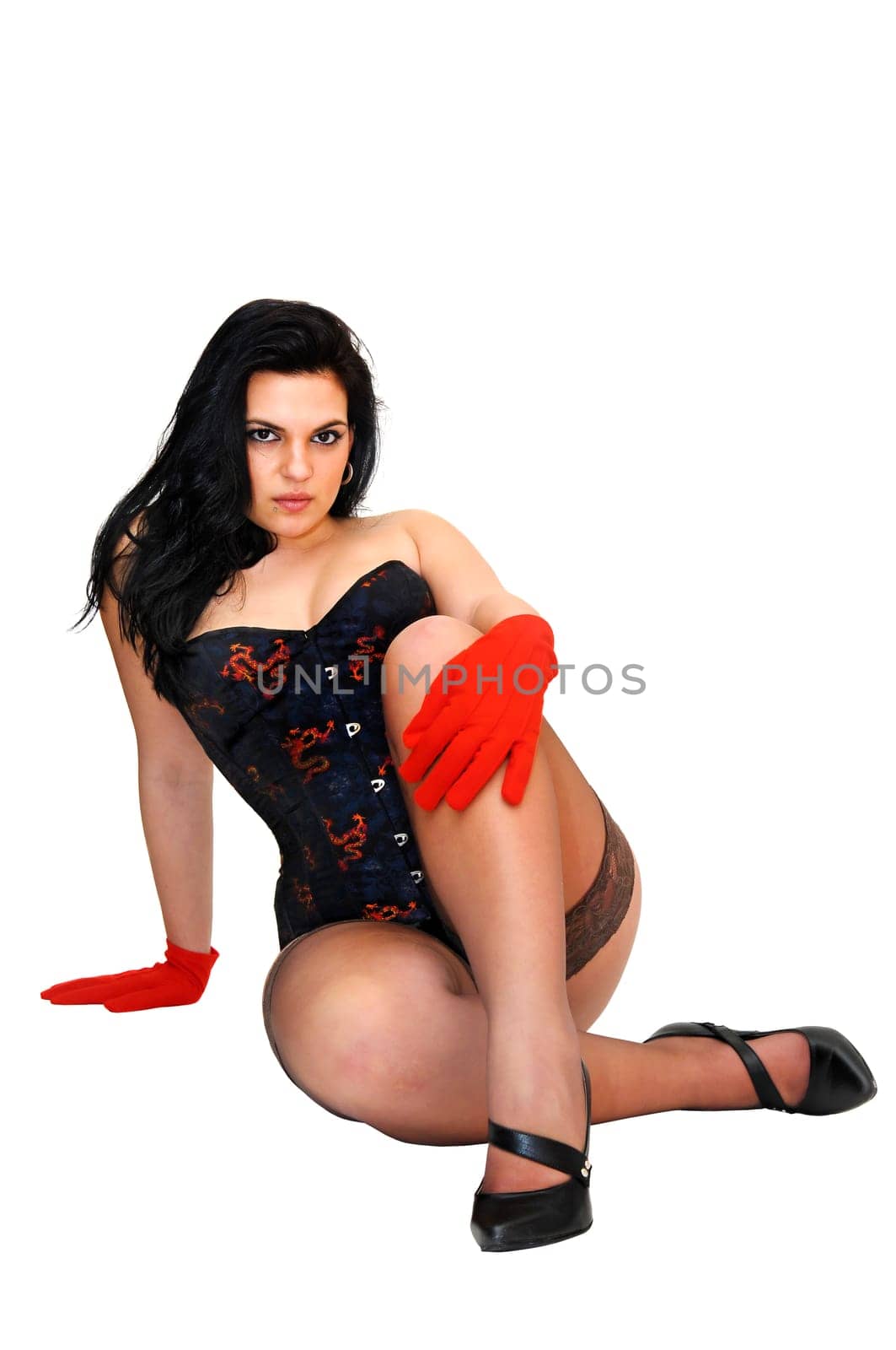 Sexy woman with corset and stocking isolated in white