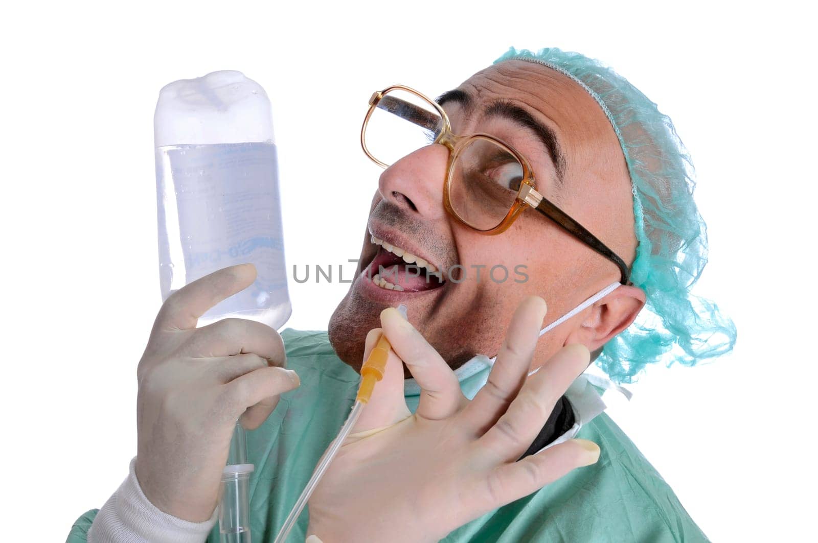 Crazy doctor in uniform with serum
