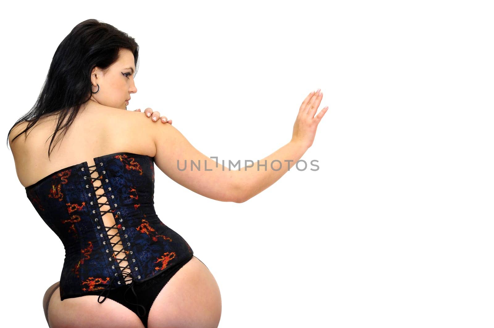 Sexy woman with corset and stocking isolated in white