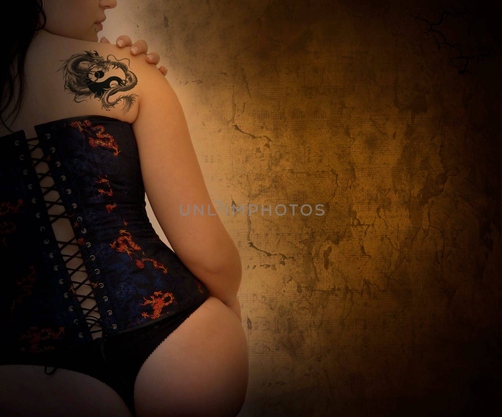 Sexy woman with corset and dragon tattoo in a grunge background