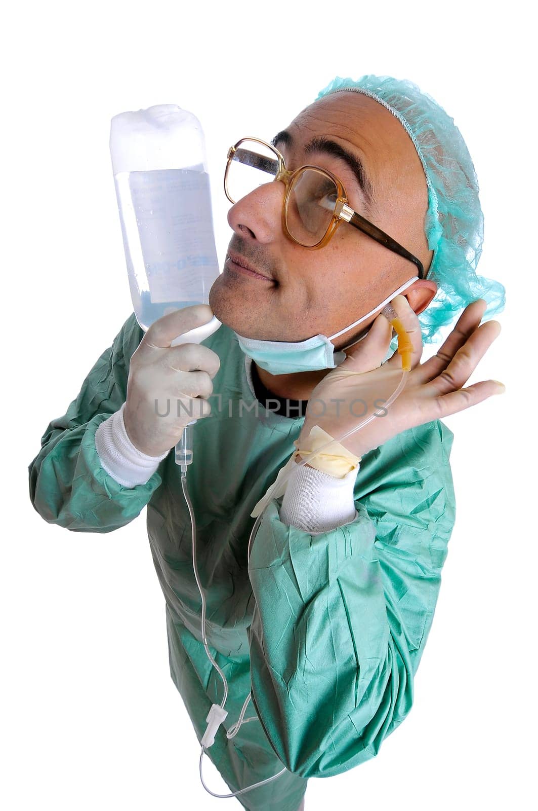Crazy doctor in uniform with serum