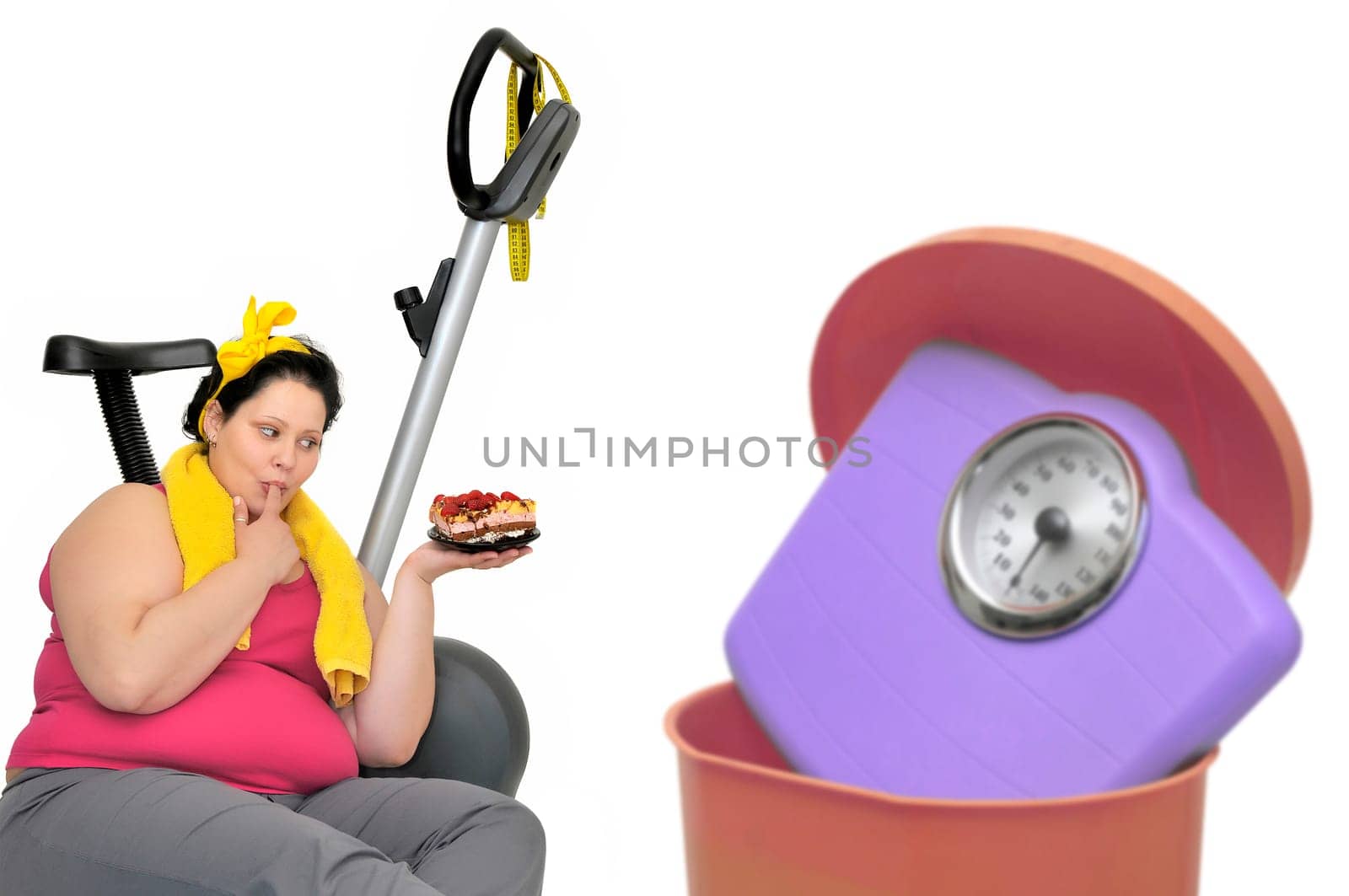 Large woman loking at a cake with weight scale in the garbage