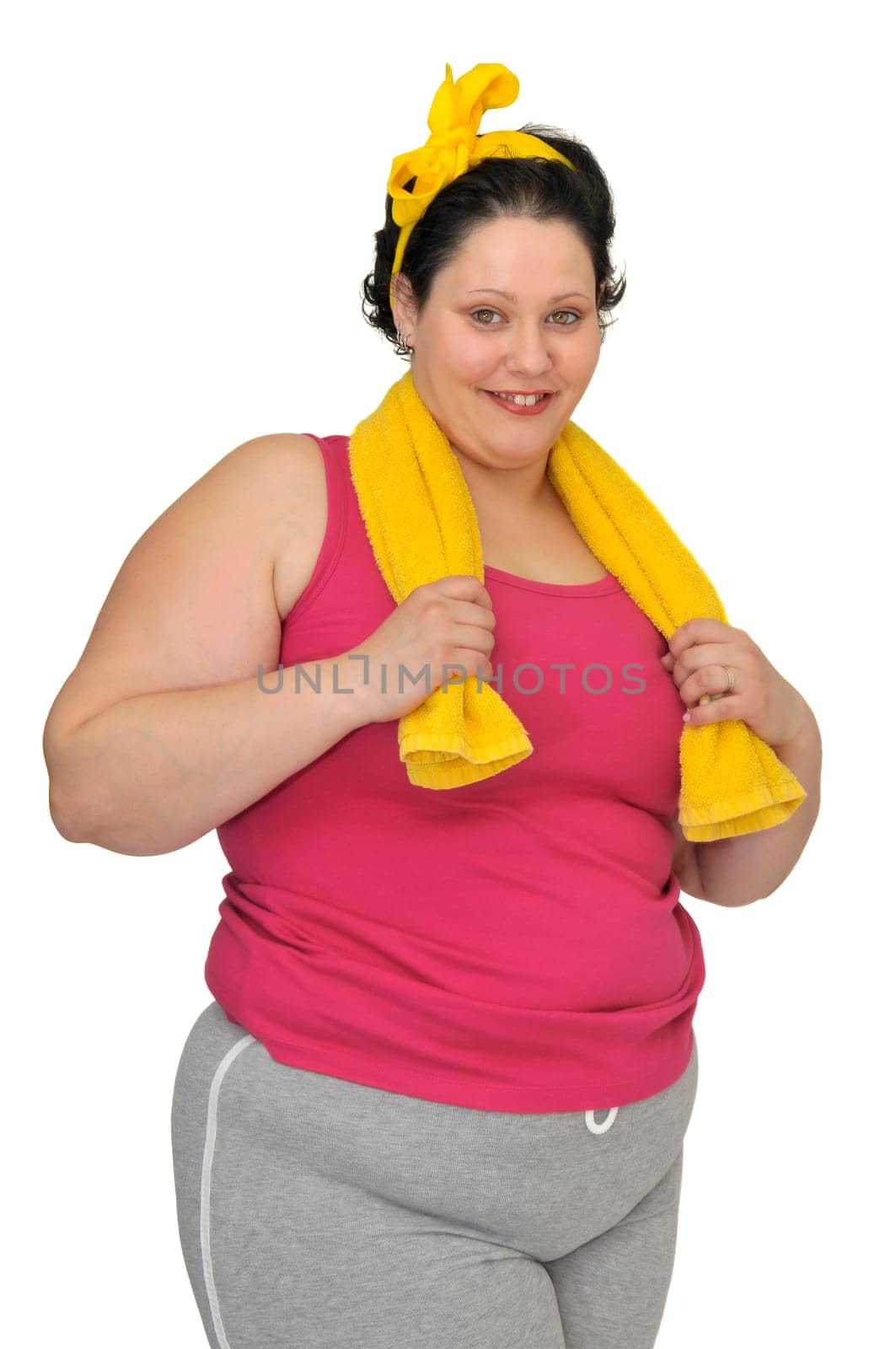 Large young woman isolated in white