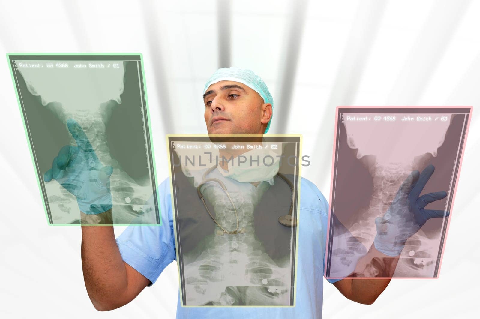 Doctor with hightech computer screen viewing patient data