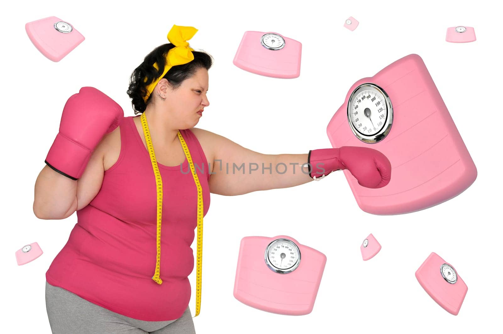 Large girlwith boxing gloves beating a scale isolated in white