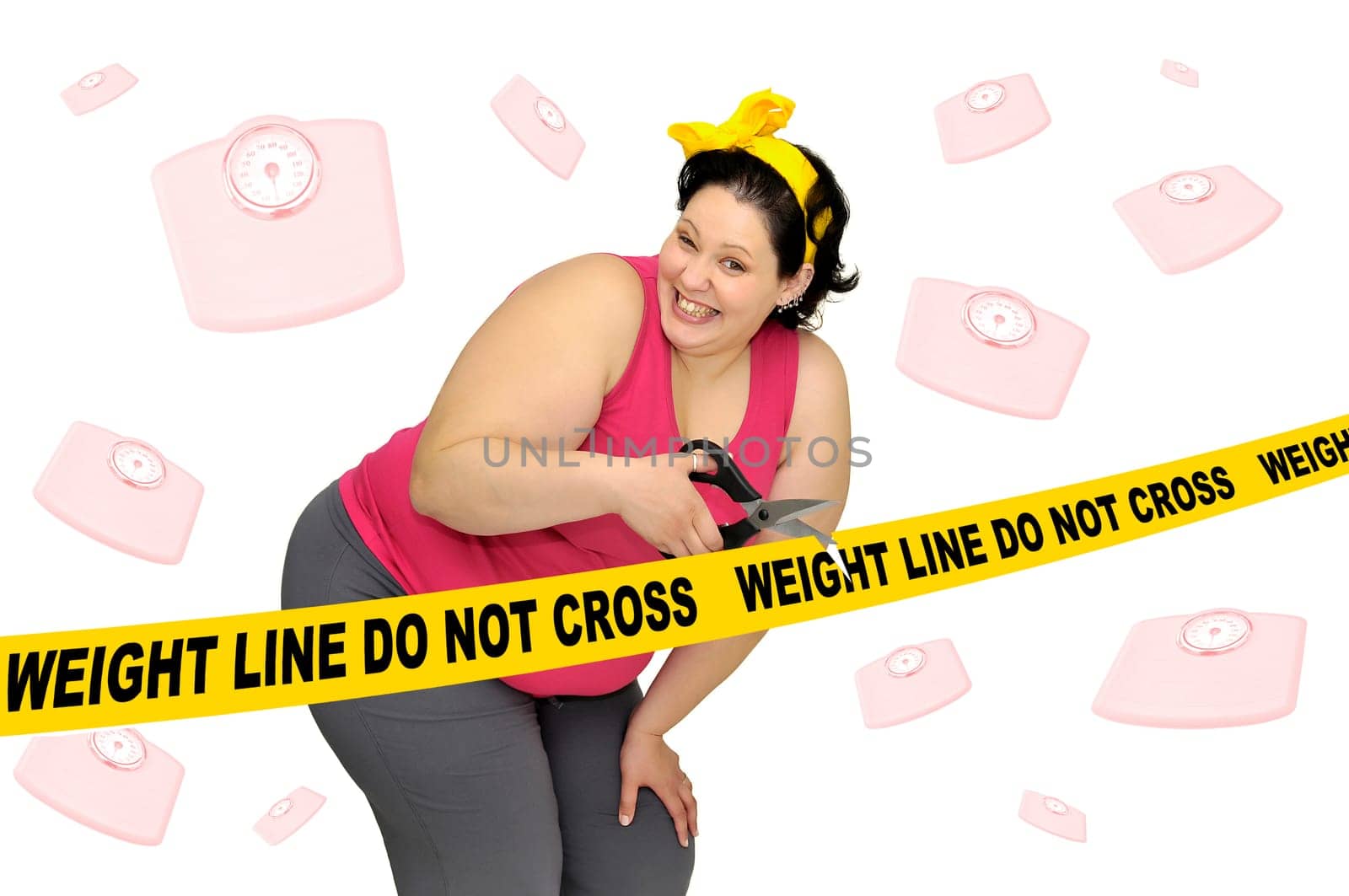 Large girl isolated in white with scissors and yellow tape