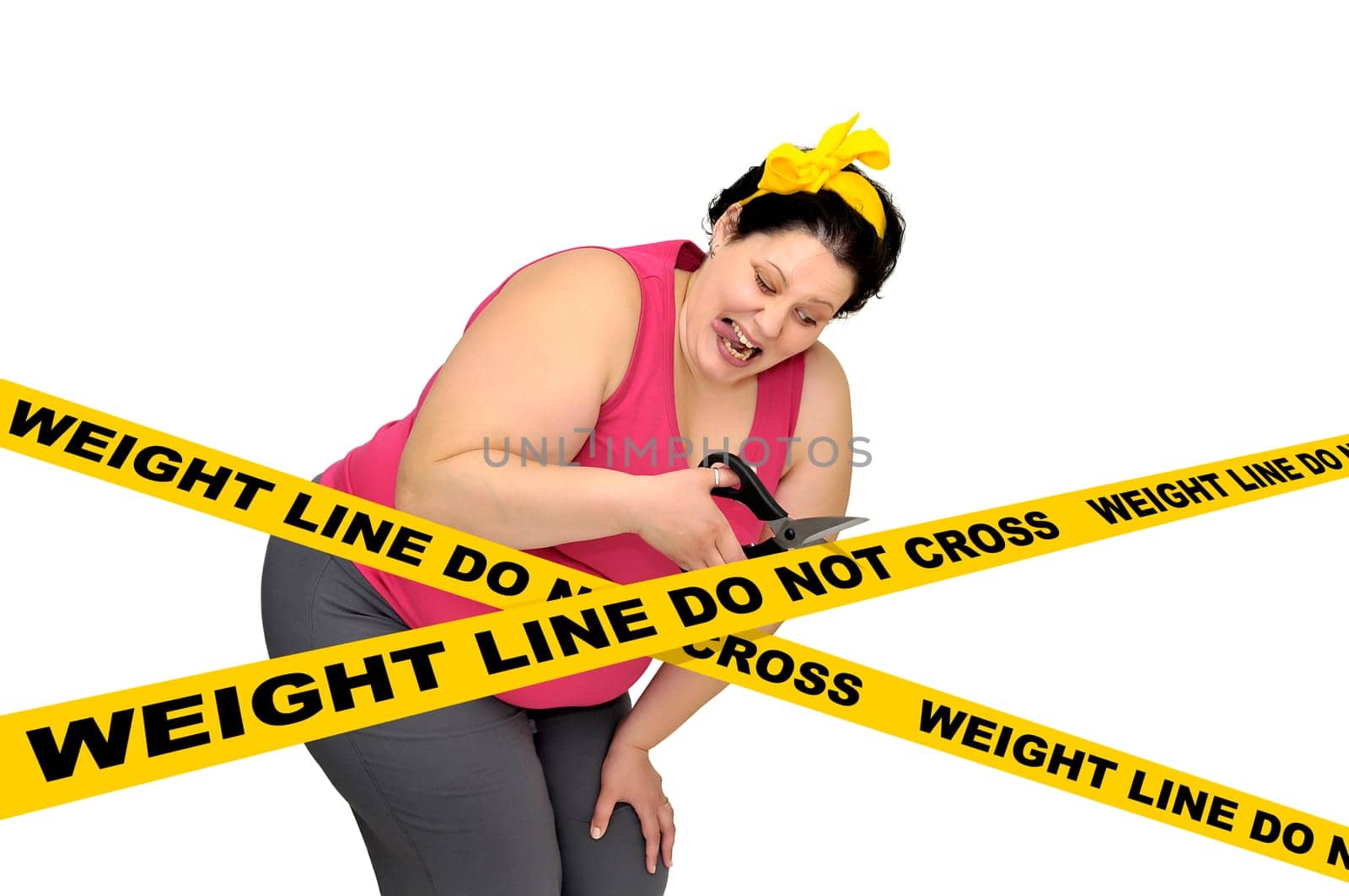 Large girl isolated in white with scissors and yellow tape