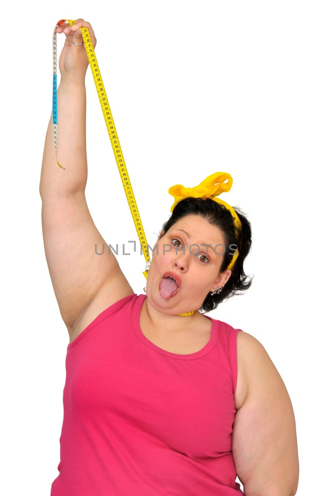Desperate fat girl hanging herself with measuring tape