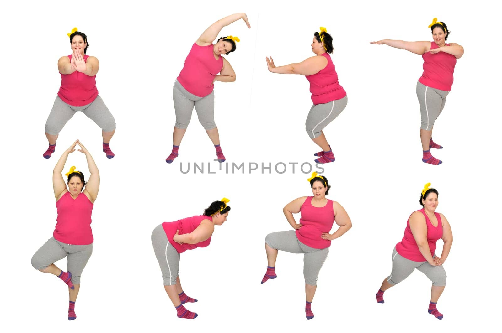 Beautiful large young woman doing fitness exercises isolated in white