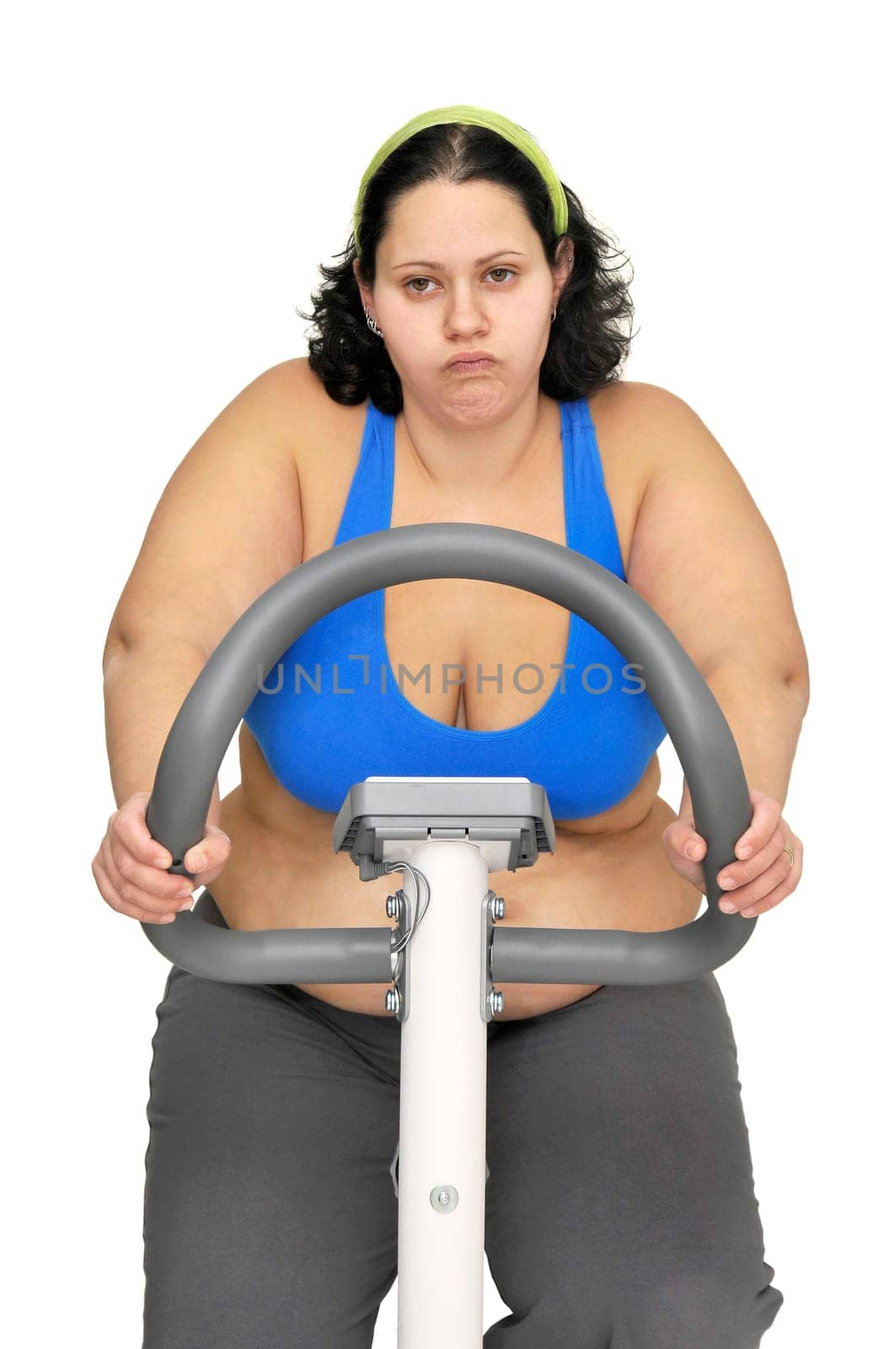 Large girl exercising isolated in white