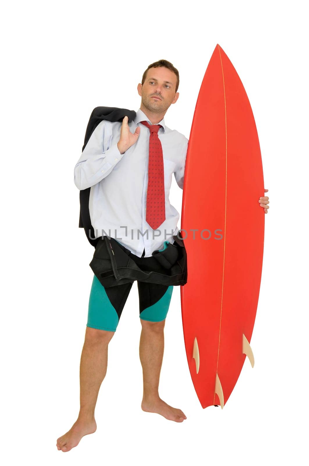 Young businessman with surf board