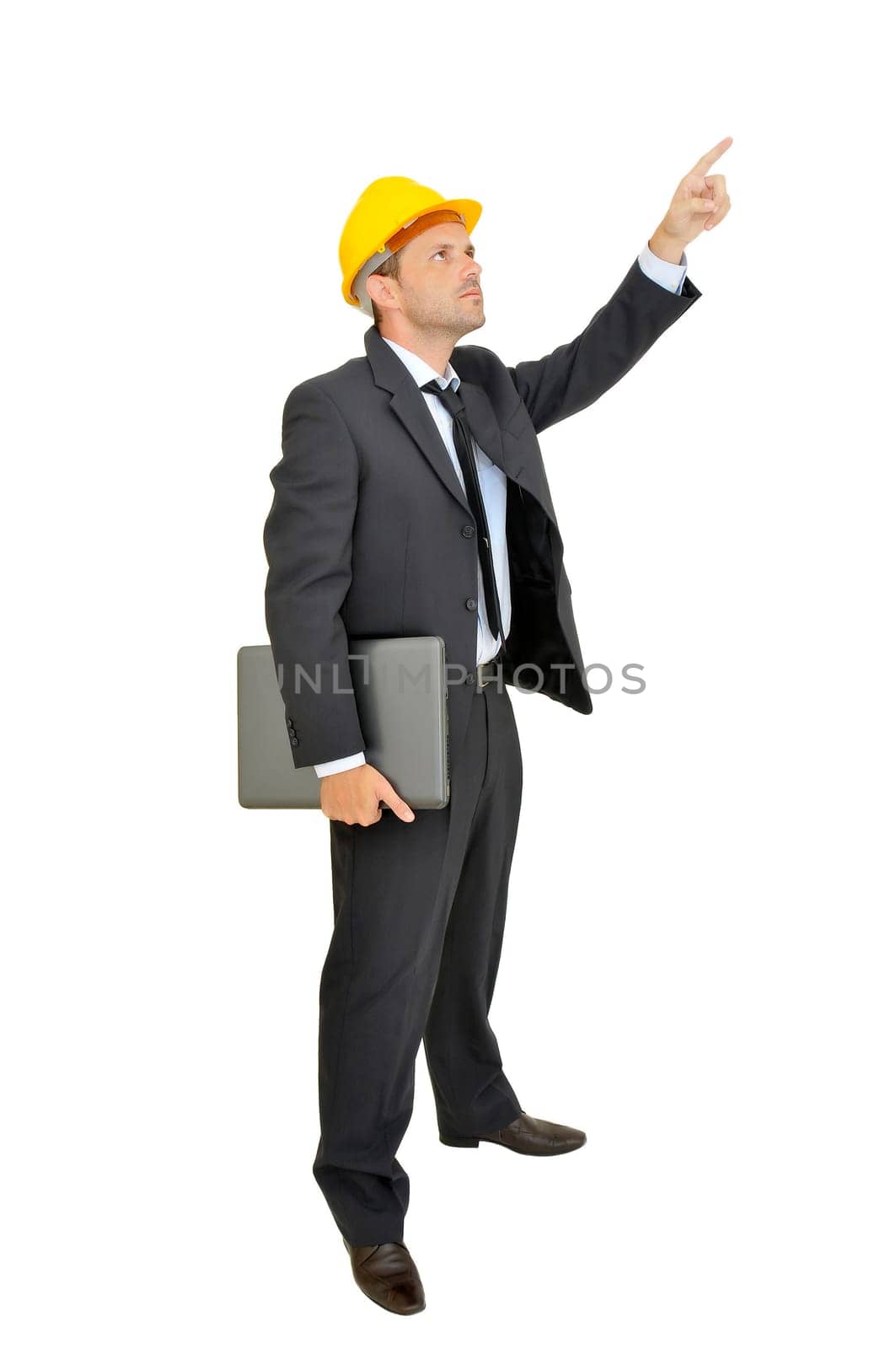 Engineer with hat and laptop isolated in white