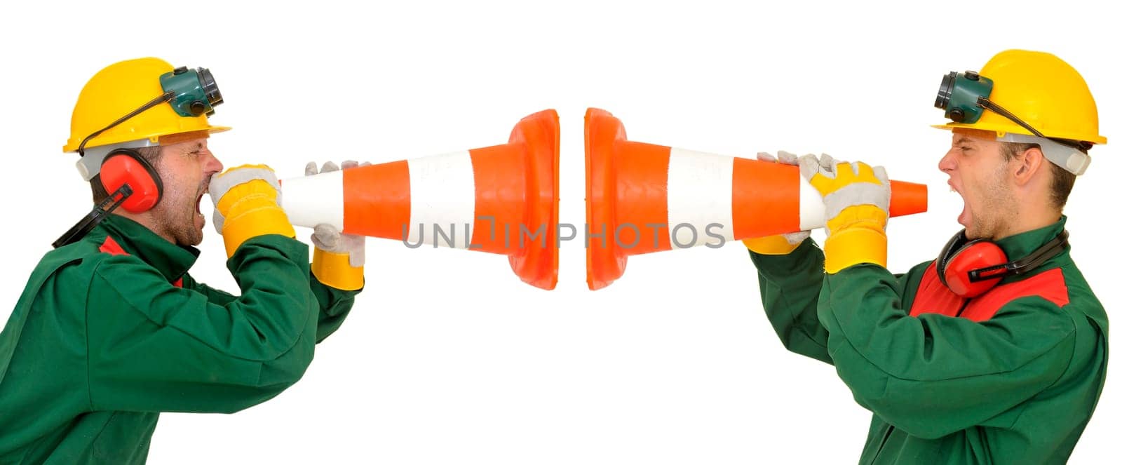 Workers team shouting isolated in white