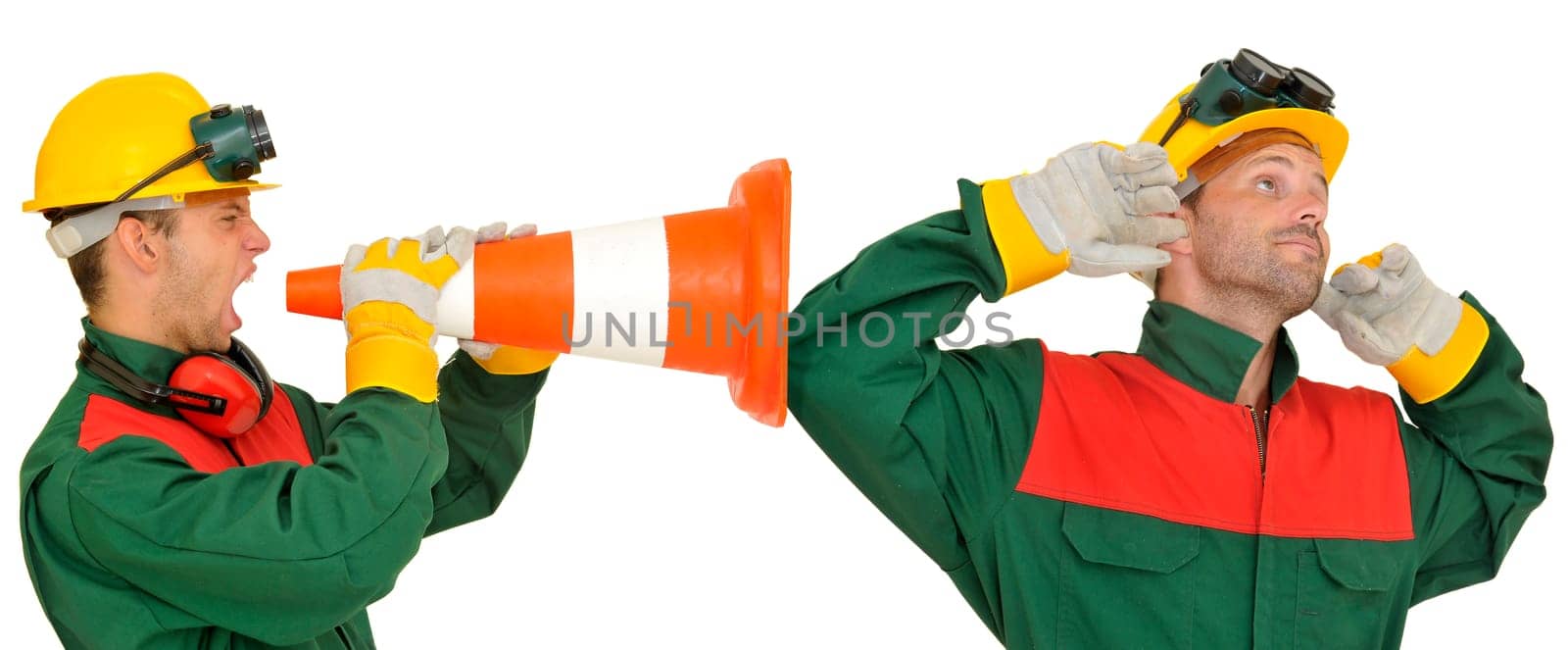 Worker shouting at his fellow worker isolated in white
