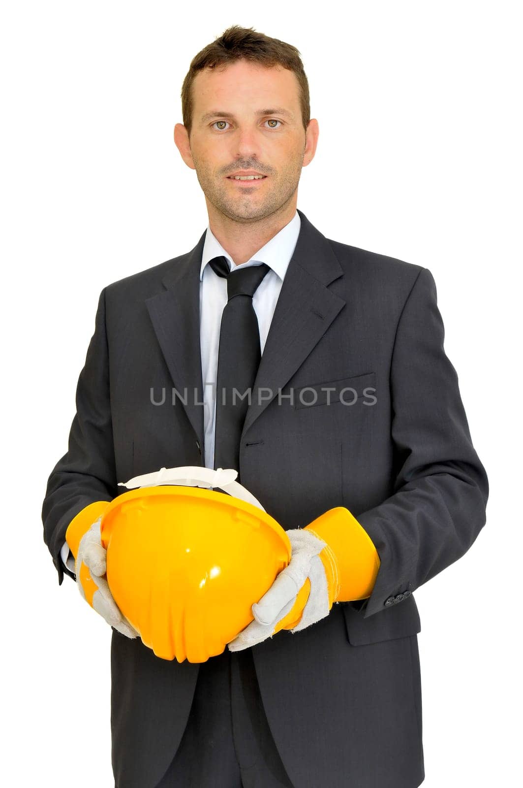 Engineer with hat posing isolated in white