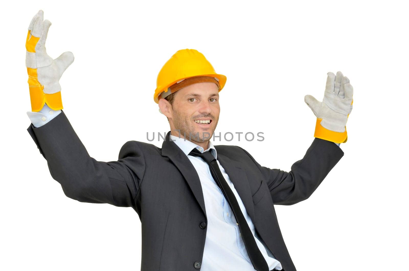 Engineer with hat and gloves isolated in white