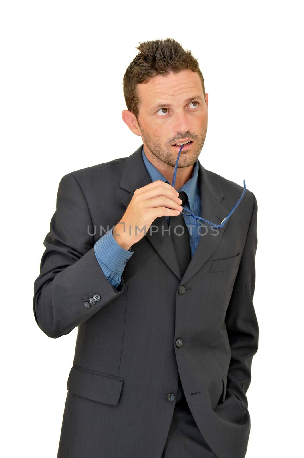 Young businessman posing with glasses isolated in white