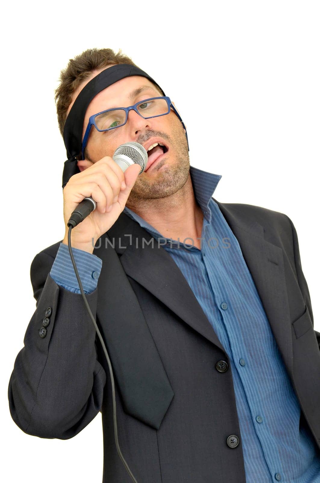 Drunk karaoke singer isolated in white