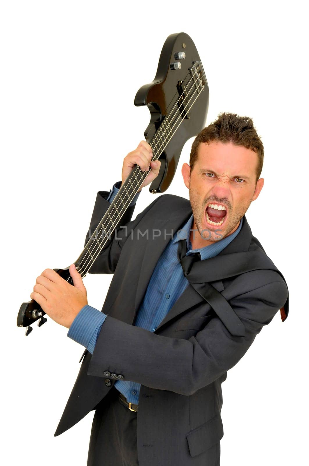 Wild man in a suit with guitar