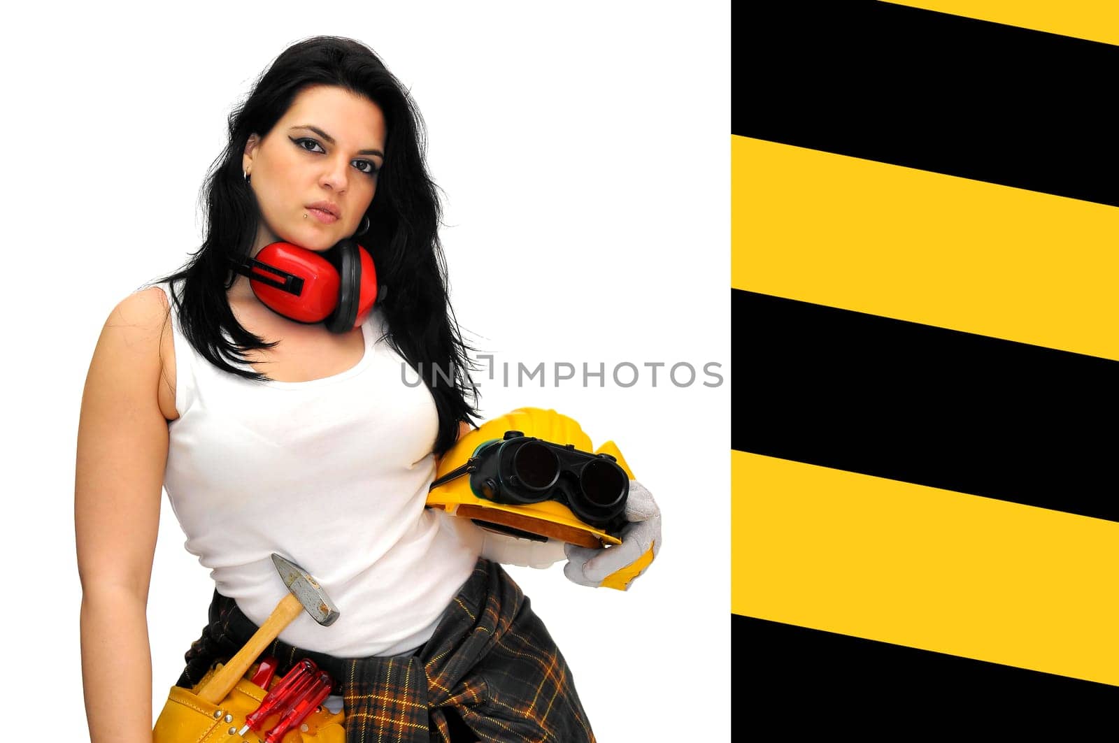 Young sexy construction worker girl isolated in white