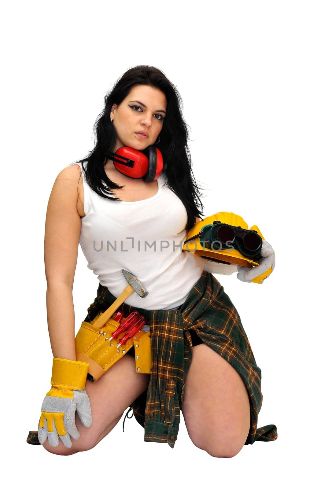 Young sexy construction worker girl isolated in white