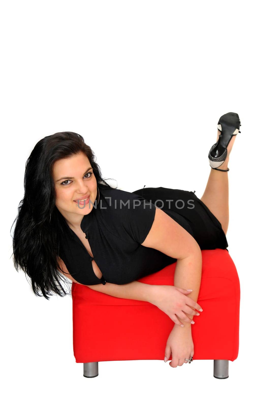 Sexy woman in black dress isolated in white