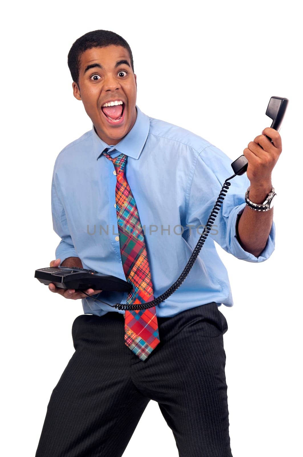 Businessman posing with phone isolated in white