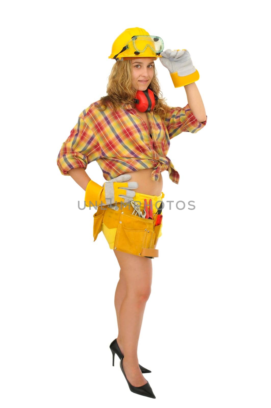 Young sexy girl worker isolated in white