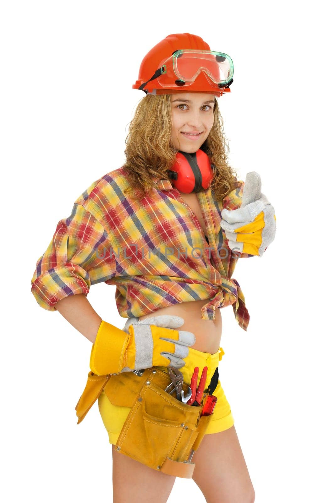 Young sexy girl worker isolated in white