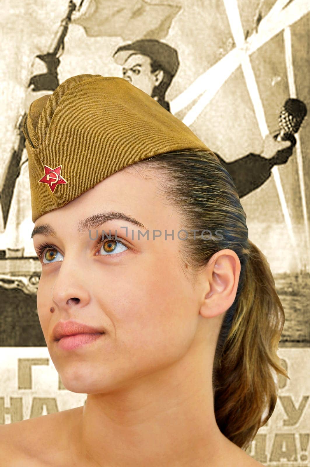 Sexy young girl with army hat with a ww II poster