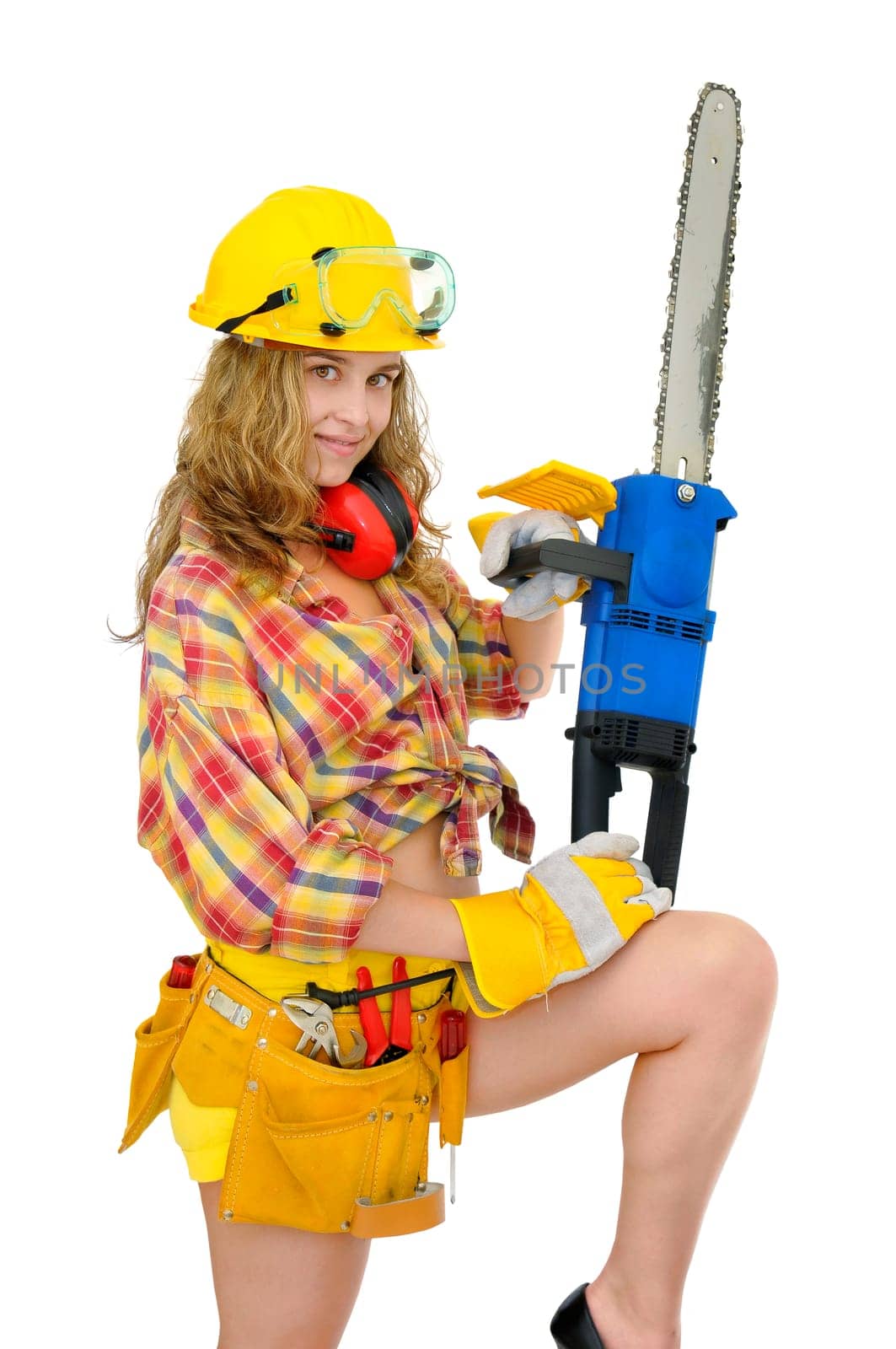 Young sexy girl worker with chainsaw isolated in white