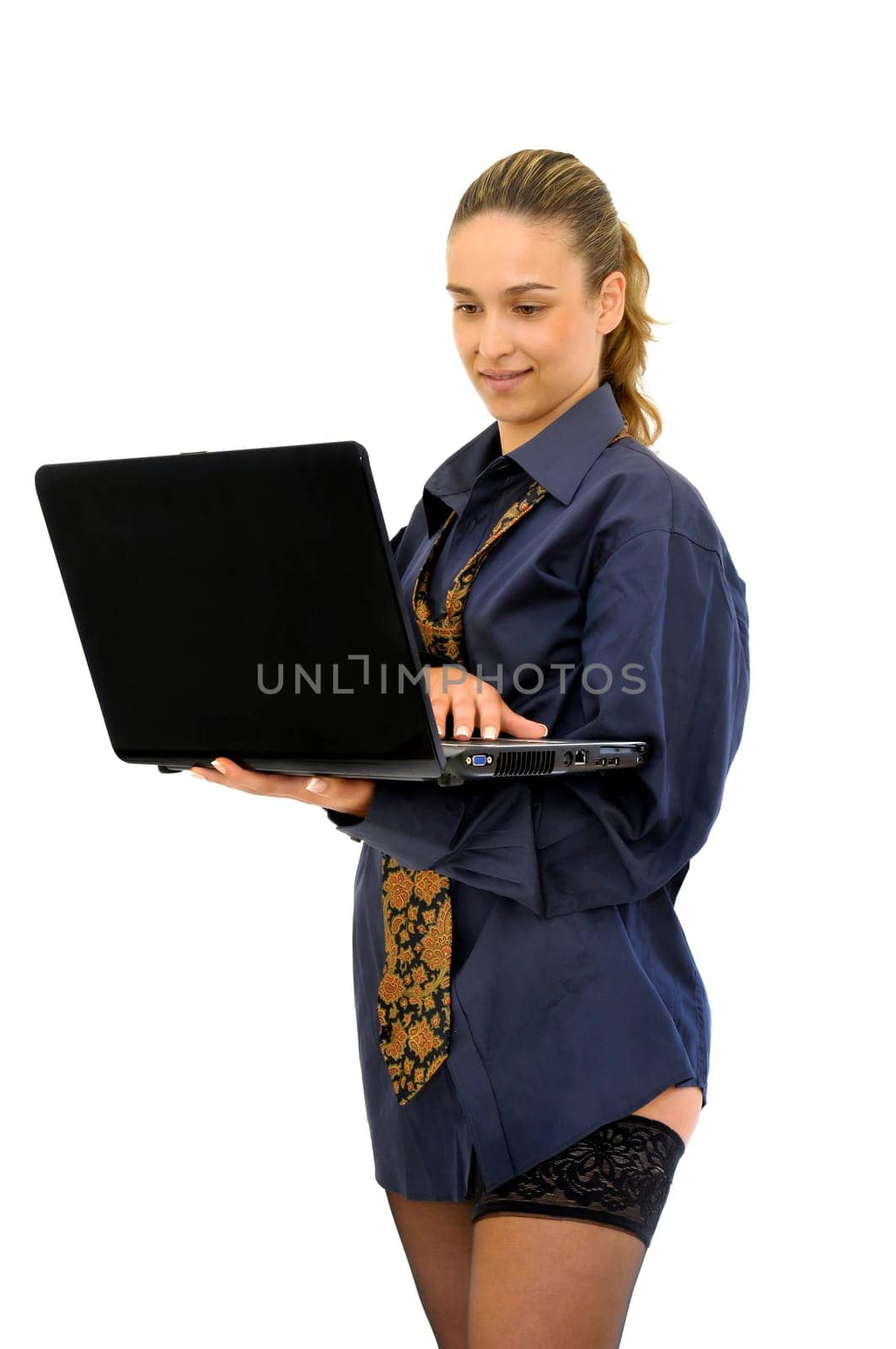 Sexy business woman with laptop isolated in white