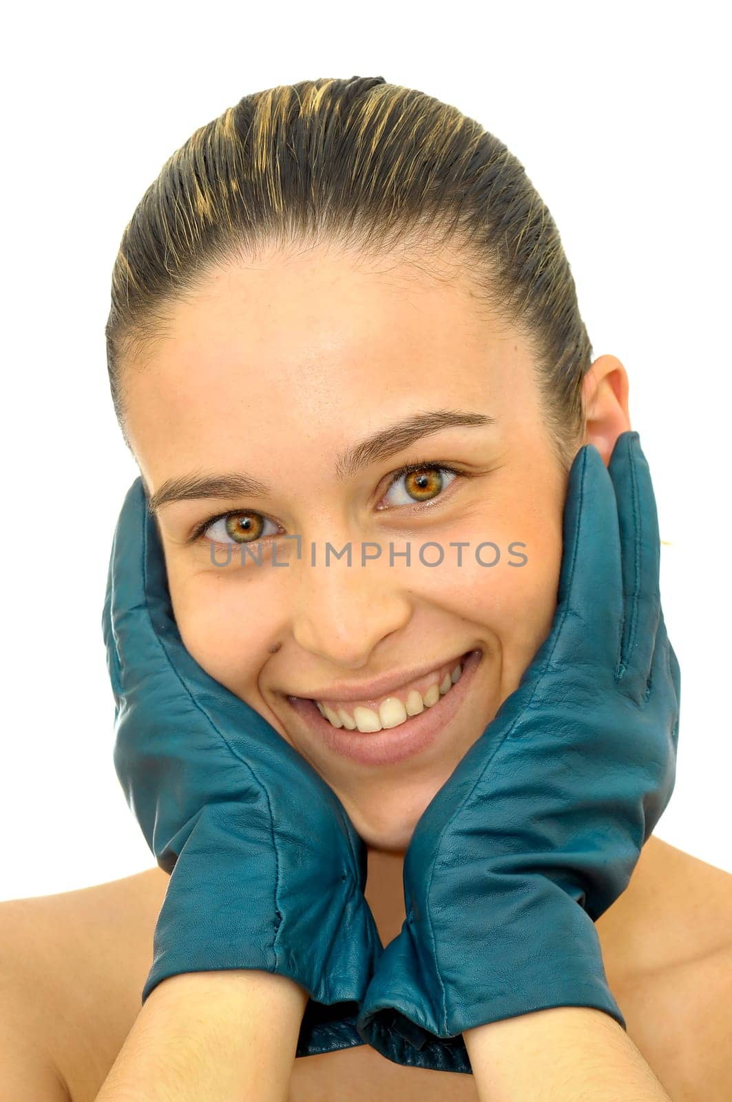 Beautiful young woman portrait with blue golves isolated in white
