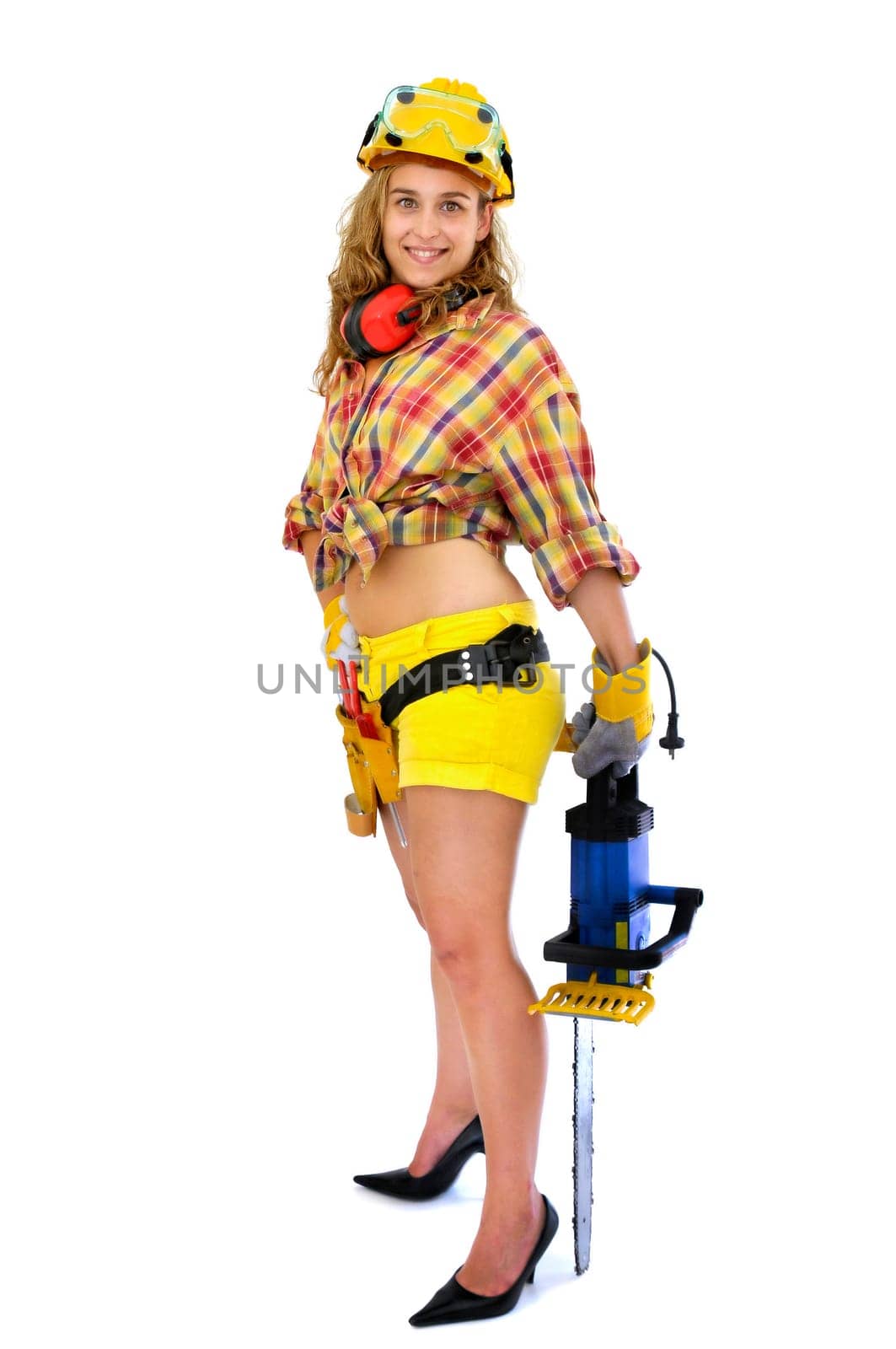 Young sexy girl worker with chainsaw isolated in white