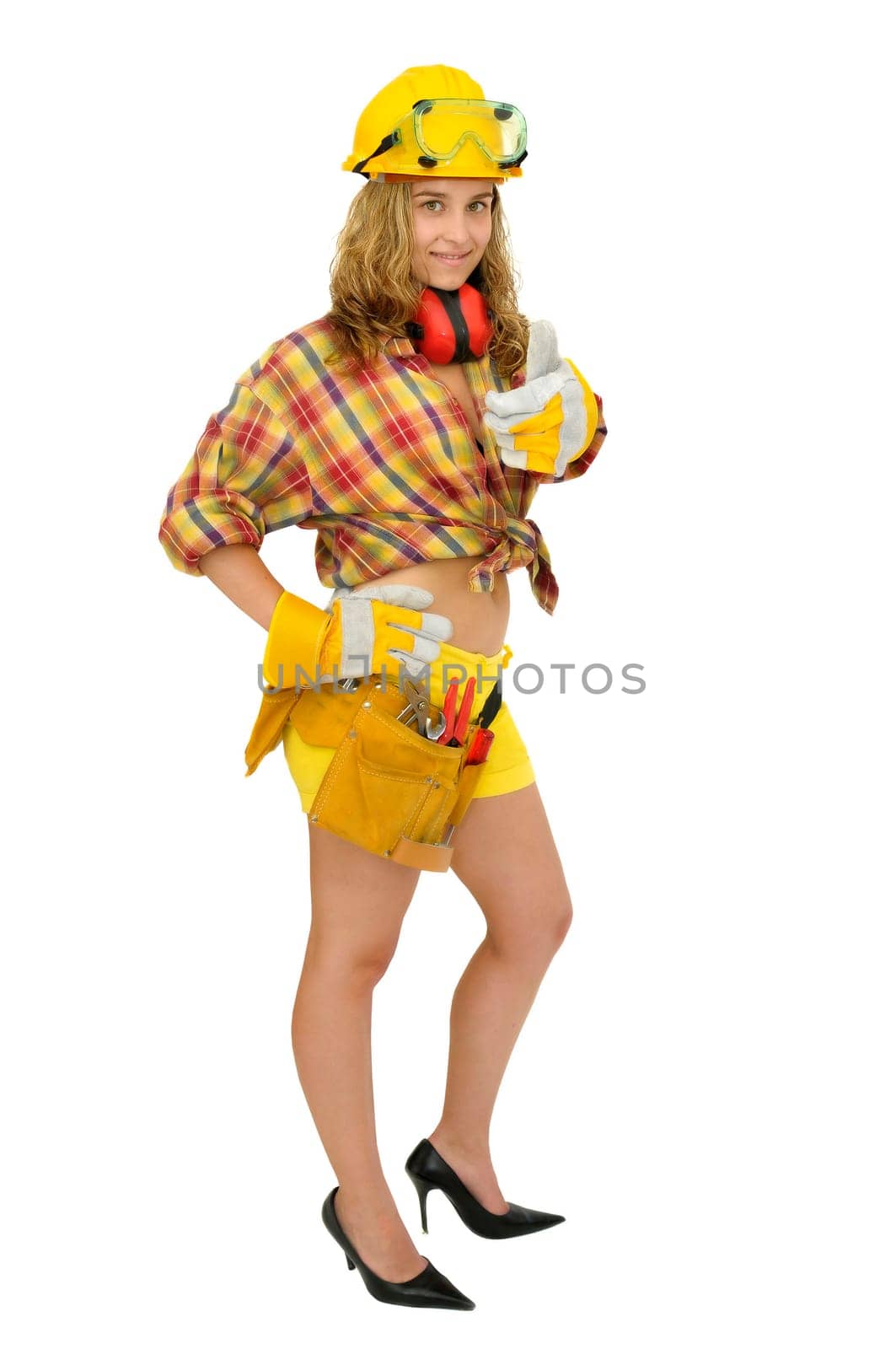 Young sexy girl worker isolated in white