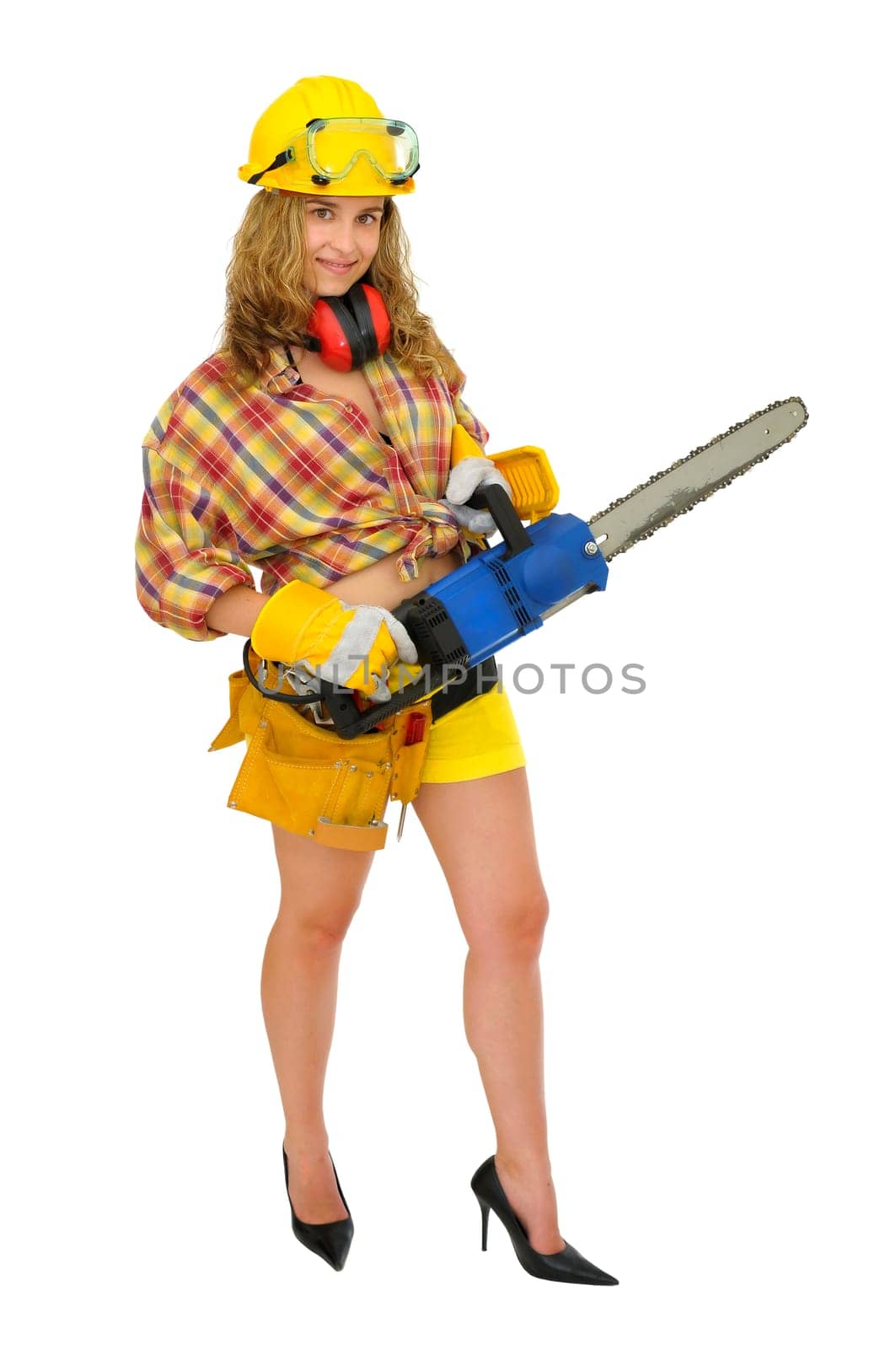 Young sexy girl worker with chainsaw isolated in white