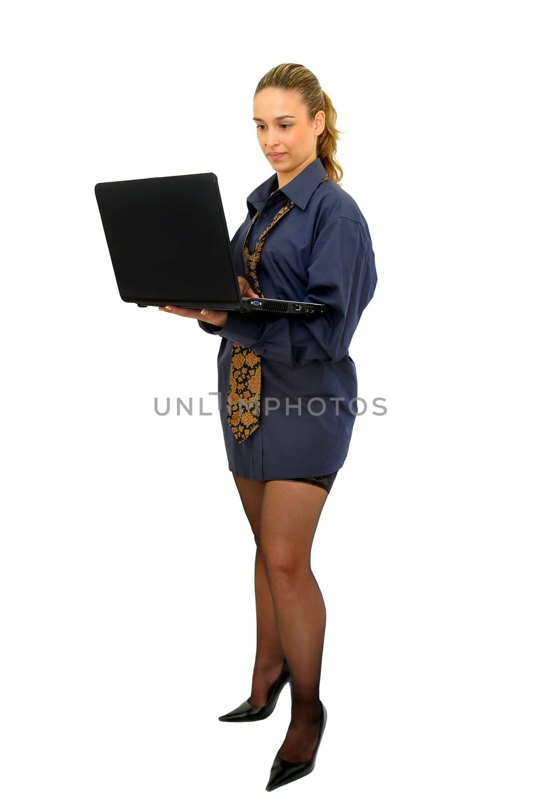 Sexy business woman with laptop isolated in white
