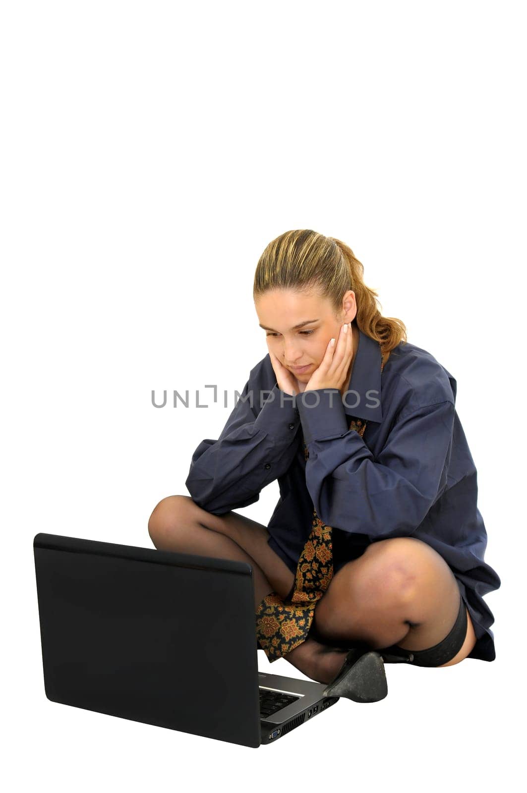 Sexy business girl with laptop isolated in white