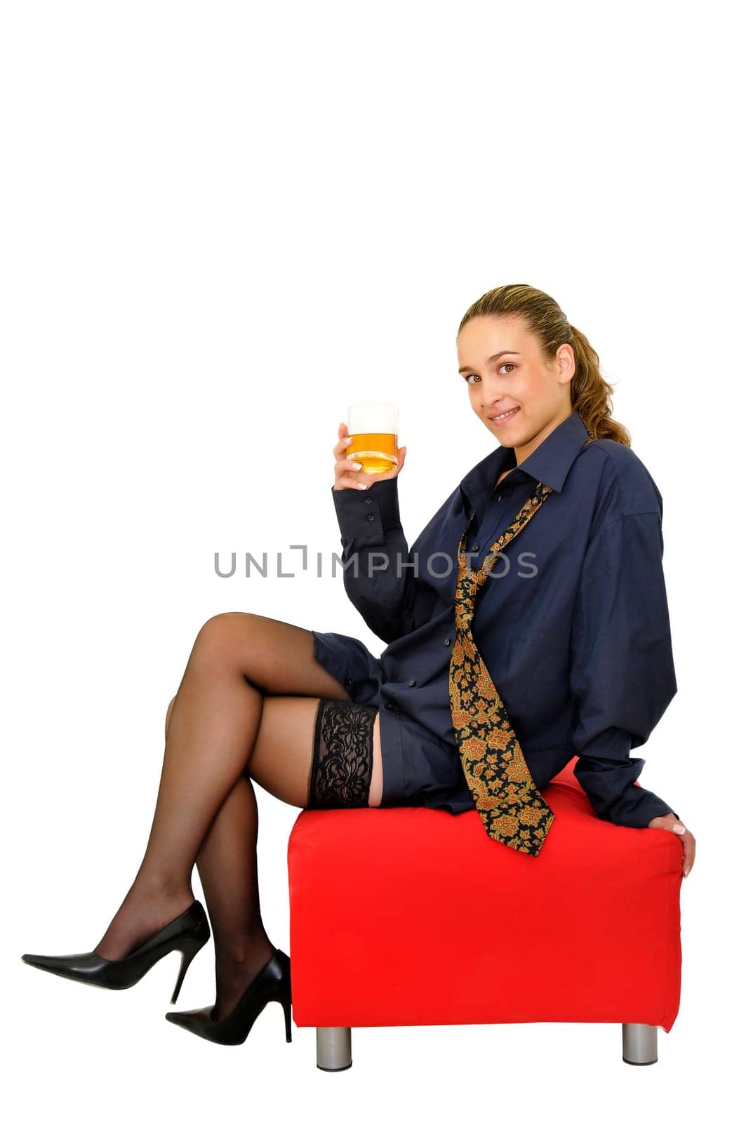 Sexy business girl with whiskey glass isolated in white