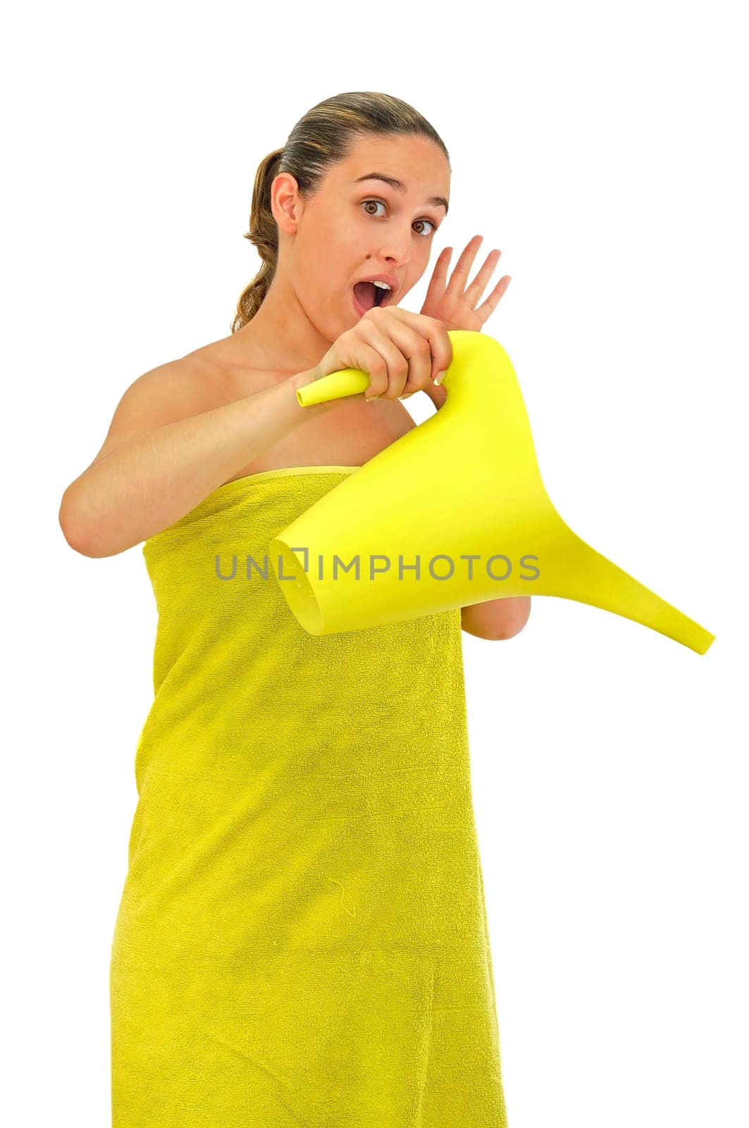 Sexy young girl with towel and water isolated in white