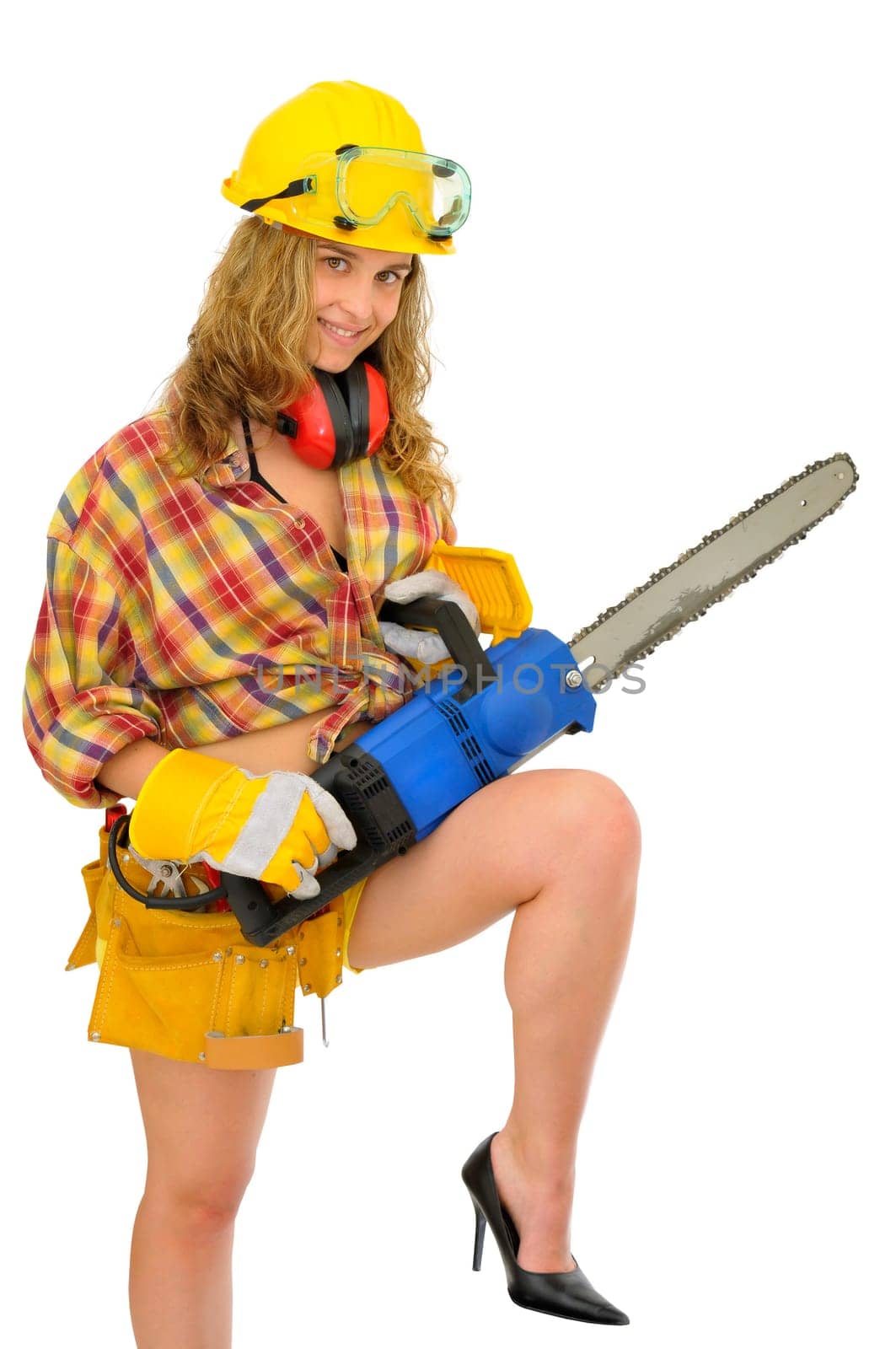 Young sexy girl worker with chainsaw isolated in white
