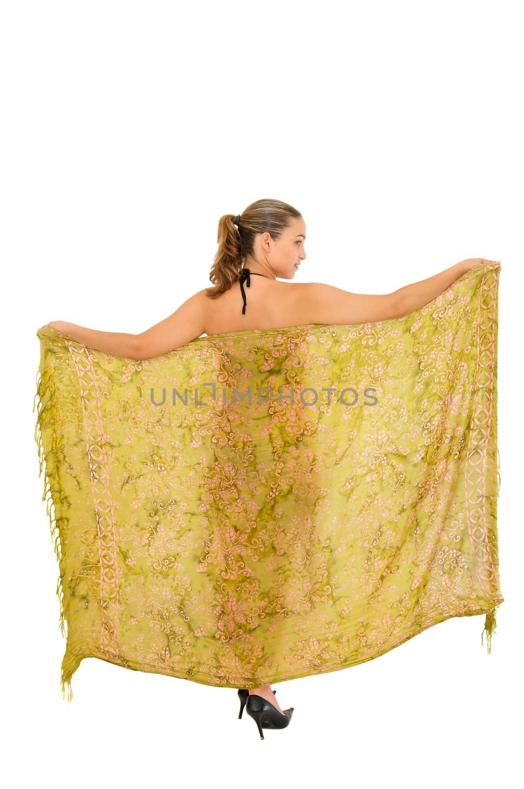 Sexy young girl in bikini with scarf isolated in white