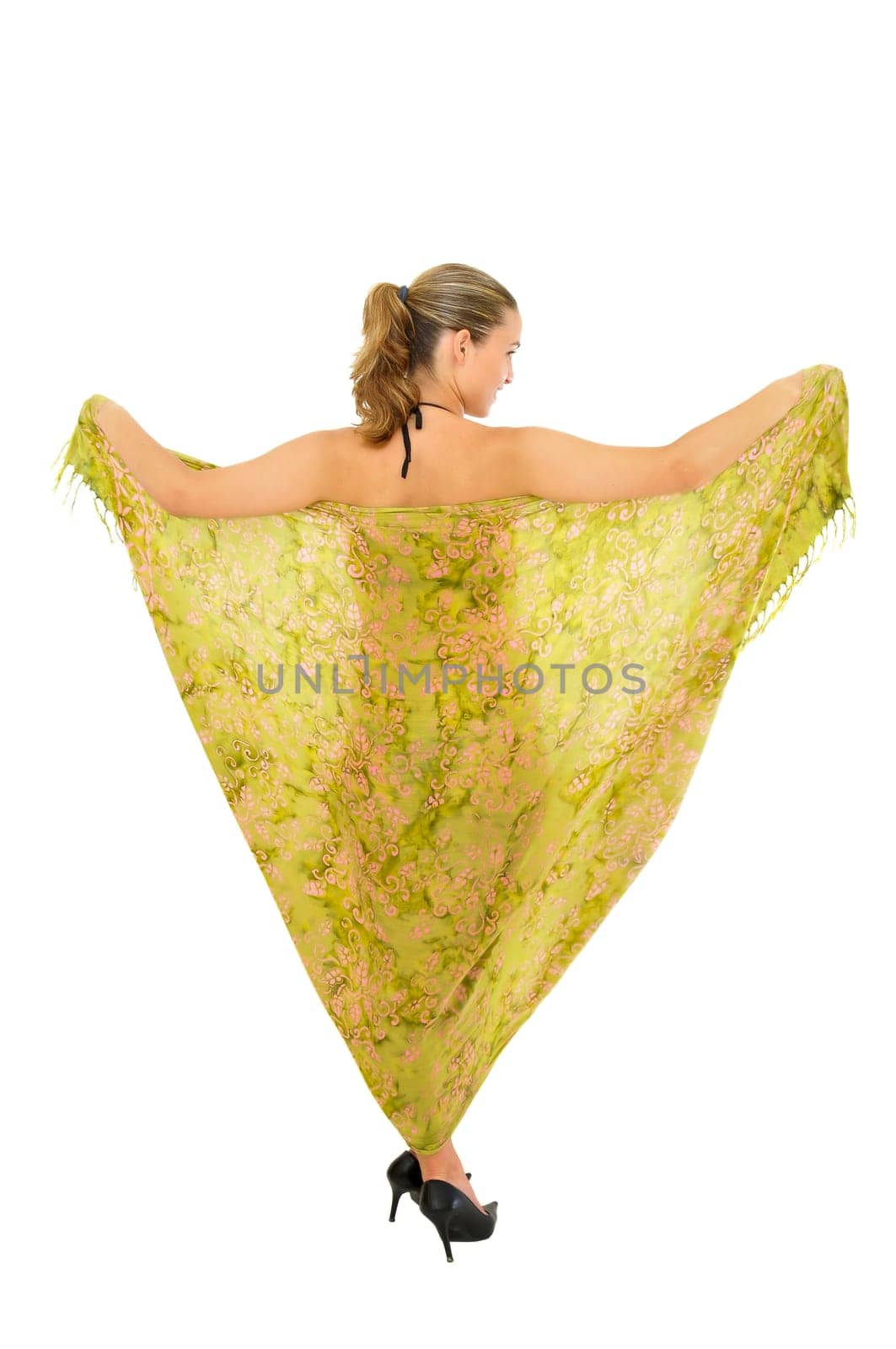 Girl in bikini with scarf isolated in white