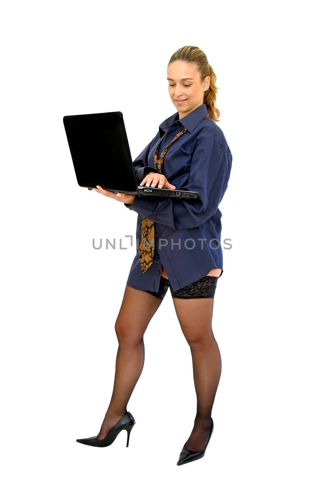 Sexy business woman with laptop isolated in white