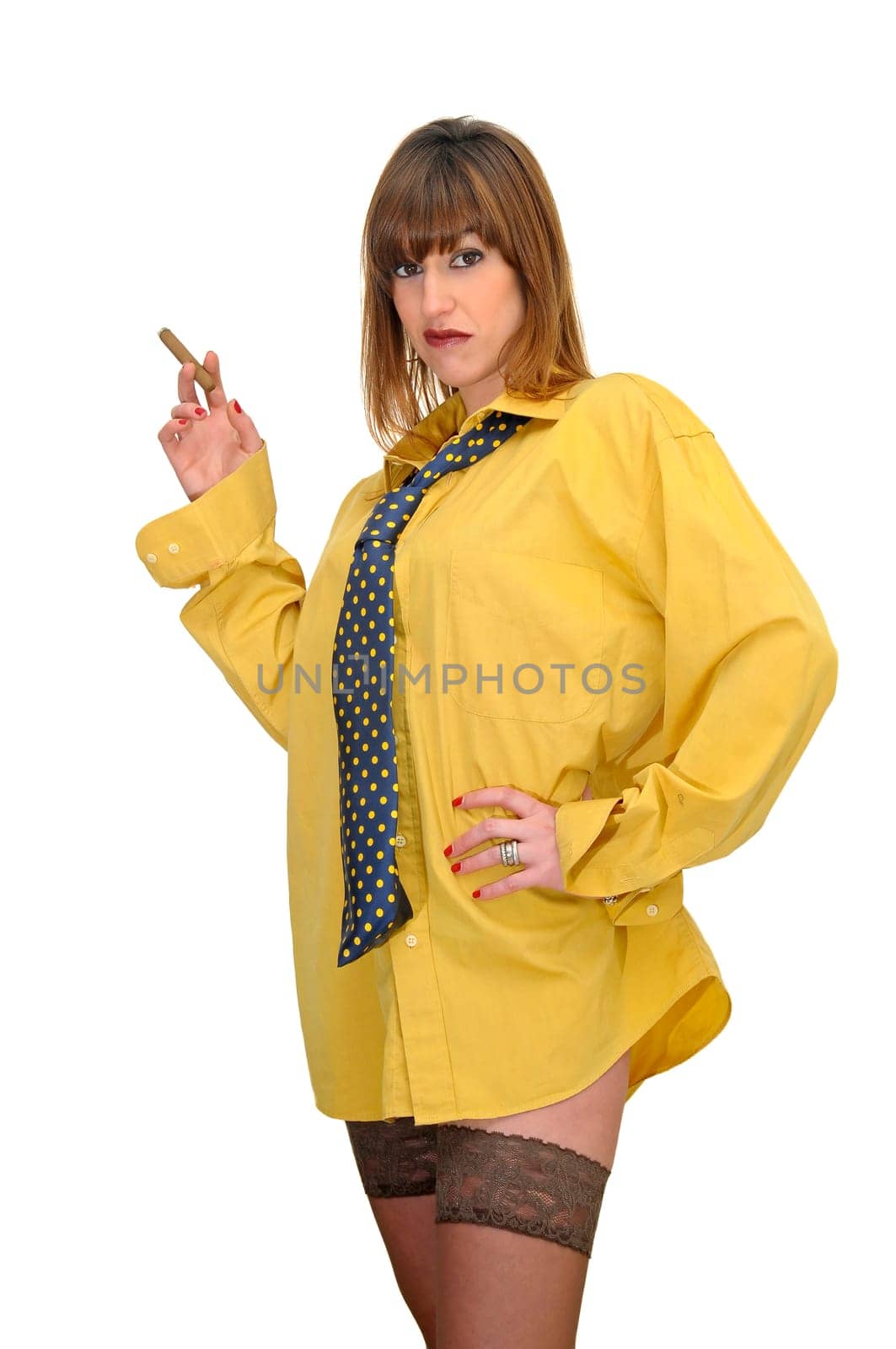 Business woman with cigar isolated in white